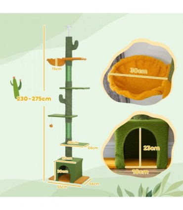 PawHut 230-275cm Floor-to-Ceiling Cat Tree for Indoor Cats with Cat House