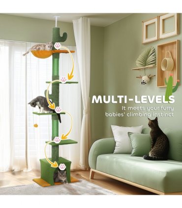 PawHut 230-275cm Floor-to-Ceiling Cat Tree for Indoor Cats with Cat House
