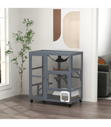 PawHut Outdoor Catio Cat House on Wheels with Platforms, Hammock