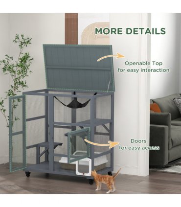 PawHut Outdoor Catio Cat House on Wheels with Platforms, Hammock