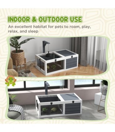 PawHut Tortoise House, Wooden Tortoise Table w/ Wooden Lamp Holder - Grey