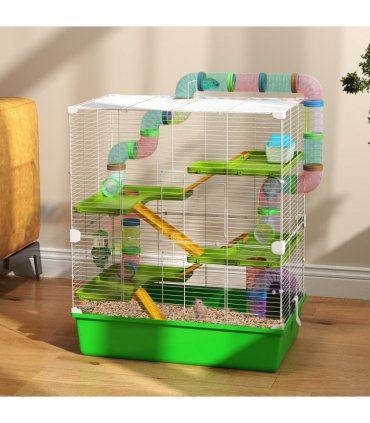 PawHut Hamster Cage w/ Water Bottle, Exercise Wheel, Tubes, Ramps - Green