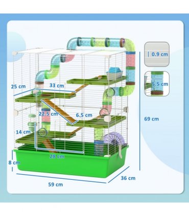 PawHut Hamster Cage w/ Water Bottle, Exercise Wheel, Tubes, Ramps - Green