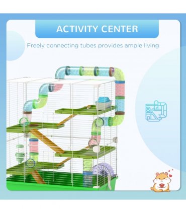PawHut Hamster Cage w/ Water Bottle, Exercise Wheel, Tubes, Ramps - Green