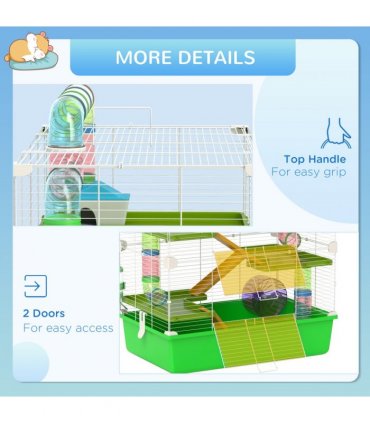 PawHut Hamster Cage w/ Water Bottle, Exercise Wheel, Tubes, Ramps - Green