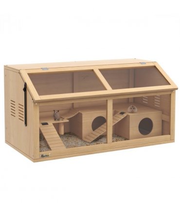 PawHut Wooden Hamster Cage for Gerbils w/ Suspension Bridge, Ladders, Nature