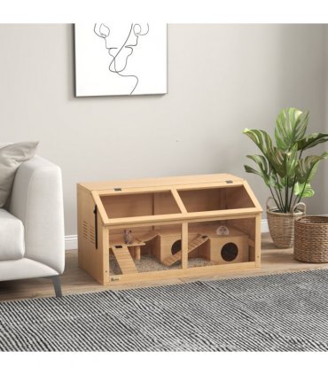 PawHut Wooden Hamster Cage for Gerbils w/ Suspension Bridge, Ladders, Nature