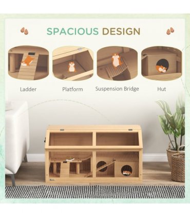 PawHut Wooden Hamster Cage for Gerbils w/ Suspension Bridge, Ladders, Nature