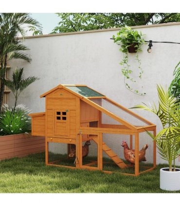 PawHut Wooden Chicken Coop with Run, Nesting Box, Slide-out Tray, Ramp