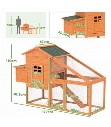 PawHut Wooden Chicken Coop with Run, Nesting Box, Slide-out Tray, Ramp