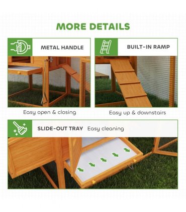 PawHut Wooden Chicken Coop with Run, Nesting Box, Slide-out Tray, Ramp