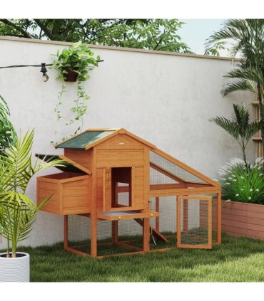 PawHut Wooden Chicken Coop with Run, Nesting Box, Slide-out Tray, Ramp