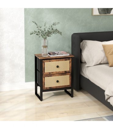 HOMCOM Bedside Table with 2 Rattan Drawers and Steel Legs, Rustic Brown
