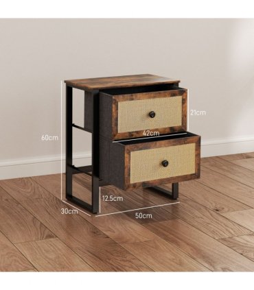 HOMCOM Bedside Table with 2 Rattan Drawers and Steel Legs, Rustic Brown