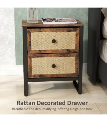 HOMCOM Bedside Table with 2 Rattan Drawers and Steel Legs, Rustic Brown