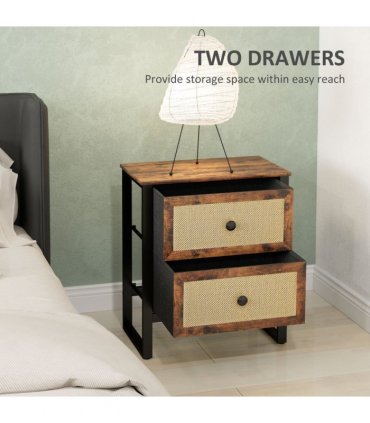 HOMCOM Bedside Table with 2 Rattan Drawers and Steel Legs, Rustic Brown