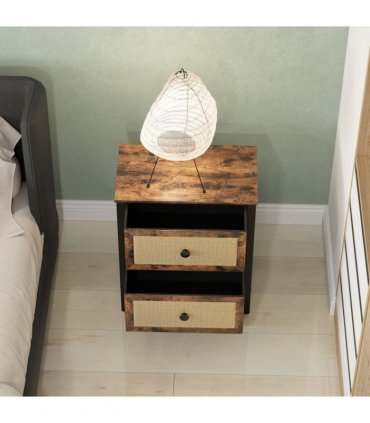 HOMCOM Bedside Table with 2 Rattan Drawers and Steel Legs, Rustic Brown