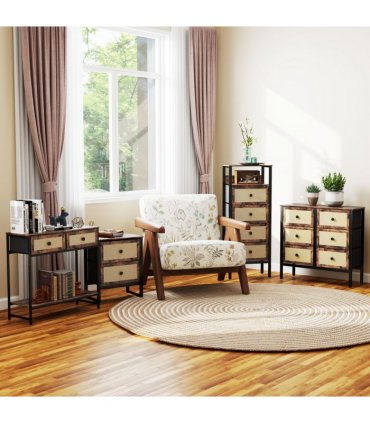 HOMCOM Bedside Table with 2 Rattan Drawers and Steel Legs, Rustic Brown