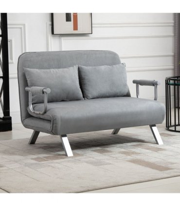HOMCOM Fabric Convertible 2 Seater Sofa Bed w/ 2 Pillows, Light Grey