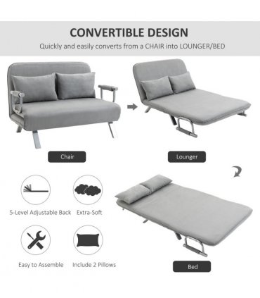 HOMCOM Fabric Convertible 2 Seater Sofa Bed w/ 2 Pillows, Light Grey