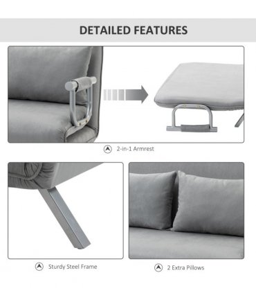 HOMCOM Fabric Convertible 2 Seater Sofa Bed w/ 2 Pillows, Light Grey