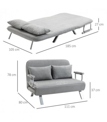 HOMCOM Fabric Convertible 2 Seater Sofa Bed w/ 2 Pillows, Light Grey
