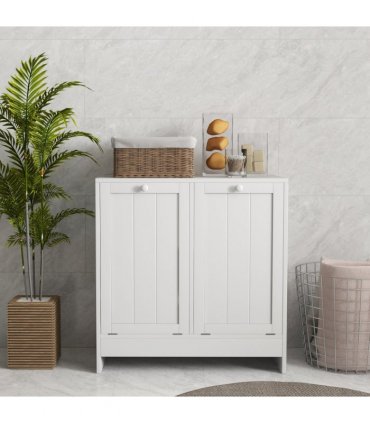 kleankin Tilt-out Laundry Storage Cabinet with 2 Compartment Hampers, White
