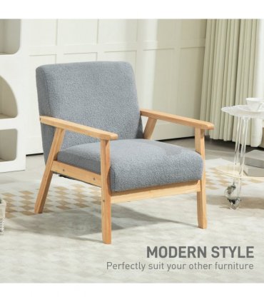 HOMCOM Accent Chair with Wood Frame Wide Seat Cashmere Armchair Grey