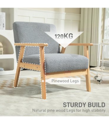 HOMCOM Accent Chair with Wood Frame Wide Seat Cashmere Armchair Grey