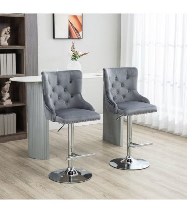 HOMCOM Adjustable Bar Stools Set of 2, Swivel Bar Chairs w/ Back Footrest, Grey
