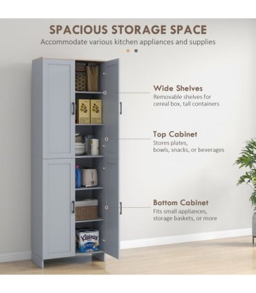HOMCOM Modern Kitchen Cupboard Storage Cabinet with 6 Shelves, Grey