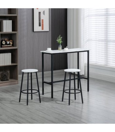 HOMCOM 3 Piece Bar Table Set for 2 with Stools Steel Frame Footrest White