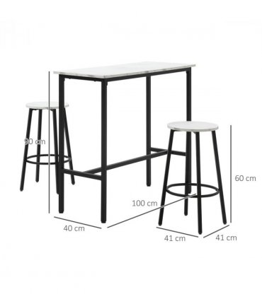 HOMCOM 3 Piece Bar Table Set for 2 with Stools Steel Frame Footrest White