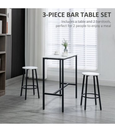 HOMCOM 3 Piece Bar Table Set for 2 with Stools Steel Frame Footrest White