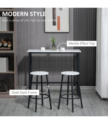 HOMCOM 3 Piece Bar Table Set for 2 with Stools Steel Frame Footrest White
