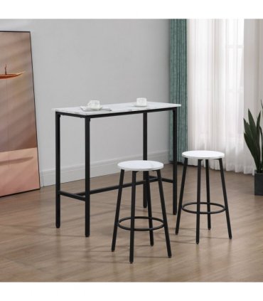 HOMCOM 3 Piece Bar Table Set for 2 with Stools Steel Frame Footrest White