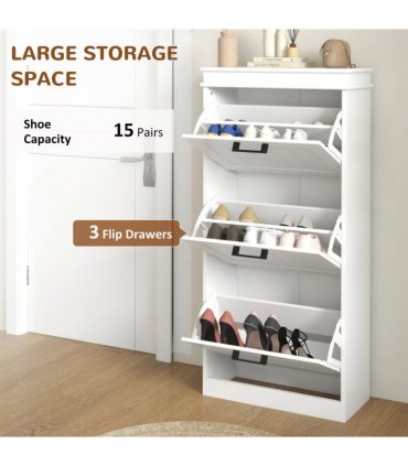 HOMCOM Slim Shoe Storage Cabinet with 3 Flip Drawers for Entryway, White