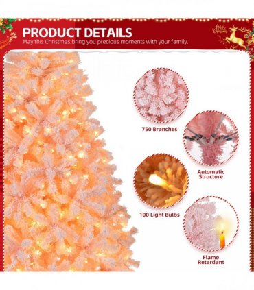 6 FT Artificial Christmas Tree with DIY 100 Warm Lights Battery Operated, 750 Branch Tips and Sturdy Metal Stand, Pink
