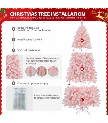 6 FT Artificial Christmas Tree with DIY 100 Warm Lights Battery Operated, 750 Branch Tips and Sturdy Metal Stand, Pink