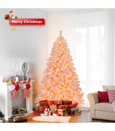 6 FT Artificial Christmas Tree with DIY 100 Warm Lights Battery Operated, 750 Branch Tips and Sturdy Metal Stand, Pink