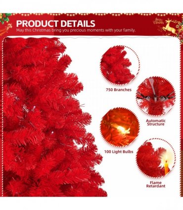 6 FT Artificial Christmas Tree with DIY 100 Warm Lights Battery Operated, 750 Branch Tips and Sturdy Metal Stand, Red