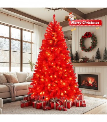 6 FT Artificial Christmas Tree with DIY 100 Warm Lights Battery Operated, 750 Branch Tips and Sturdy Metal Stand, Red