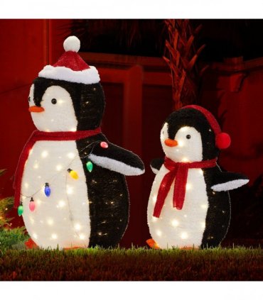 2-Piece Lighted Plush Penguins Christmas Yard Decorations, Set of 2 Pre-lit Pull Up Penguins with 150 Warm White LEDs, Multi-color Light String and Stakes for Xmas Outdoor Holiday Indoor Decor