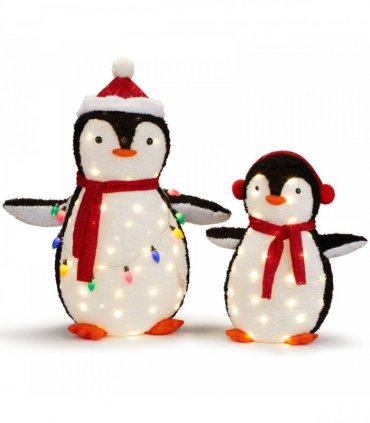 2-Piece Lighted Plush Penguins Christmas Yard Decorations, Set of 2 Pre-lit Pull Up Penguins with 150 Warm White LEDs, Multi-color Light String and Stakes for Xmas Outdoor Holiday Indoor Decor