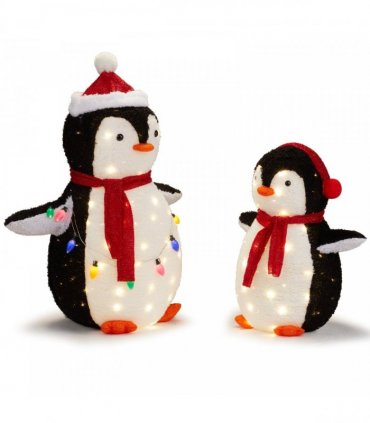2-Piece Lighted Plush Penguins Christmas Yard Decorations, Set of 2 Pre-lit Pull Up Penguins with 150 Warm White LEDs, Multi-color Light String and Stakes for Xmas Outdoor Holiday Indoor Decor