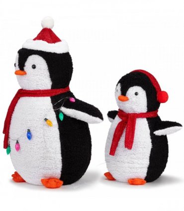 2-Piece Lighted Plush Penguins Christmas Yard Decorations, Set of 2 Pre-lit Pull Up Penguins with 150 Warm White LEDs, Multi-color Light String and Stakes for Xmas Outdoor Holiday Indoor Decor