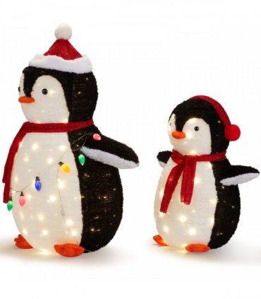 2-Piece Lighted Plush Penguins Christmas Yard Decorations, Set of 2 Pre-lit Pull Up Penguins with 150 Warm White LEDs, Multi-color Light String and Stakes for Xmas Outdoor Holiday Indoor Decor