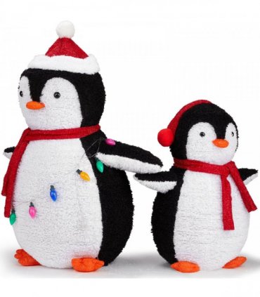 2-Piece Lighted Plush Penguins Christmas Yard Decorations, Set of 2 Pre-lit Pull Up Penguins with 150 Warm White LEDs, Multi-color Light String and Stakes for Xmas Outdoor Holiday Indoor Decor