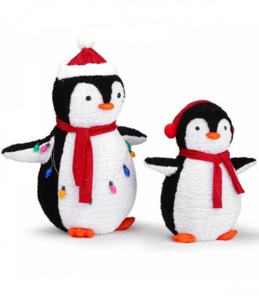 2-Piece Lighted Plush Penguins Christmas Yard Decorations, Set of 2 Pre-lit Pull Up Penguins with 150 Warm White LEDs, Multi-color Light String and Stakes for Xmas Outdoor Holiday Indoor Decor