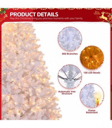 6 FT Artificial Christmas Tree with DIY 100 Warm Lights Battery Operated, 800 Branch Tips and Sturdy Metal Stand, White